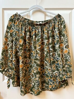 Collection B Olive Off-Shoulder Floral Blouse with Mustard Accents